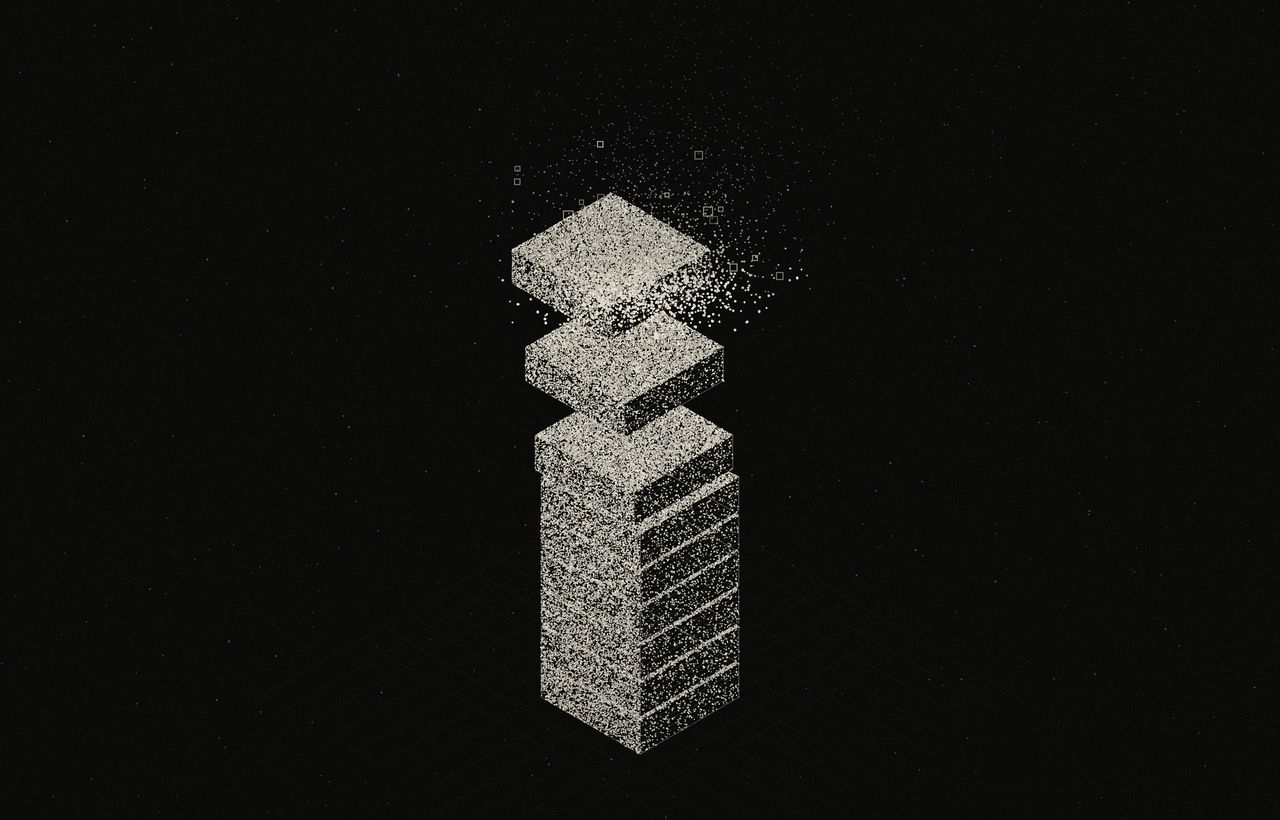 Stippled stack of server blocks with the upper blocks lifting apart into particles