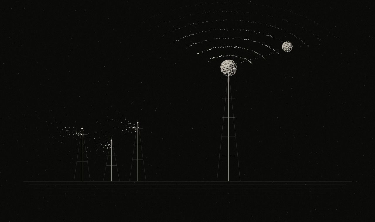 Stippled radio towers beside a taller mast sending orbital signal arcs