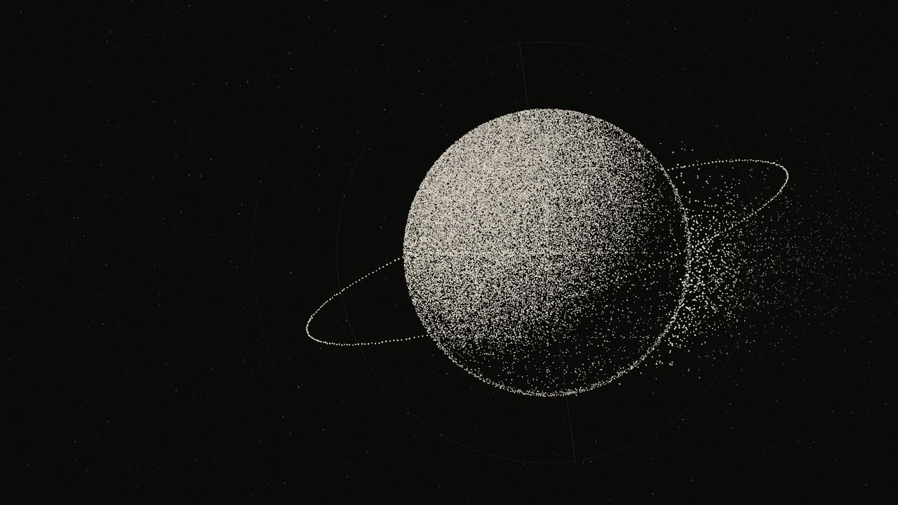 Stippled ivory sphere with a tilted orbital ring, its right edge dissolving into dust